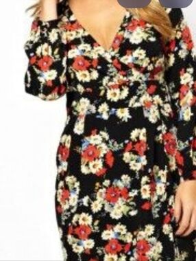 ASOS Black Floral Faux Wrap Dress with Red & Cream Blooms Size 18